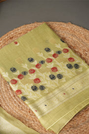 Wildflower Hues Pista Green Muga Cotton Unstitched Suit Set